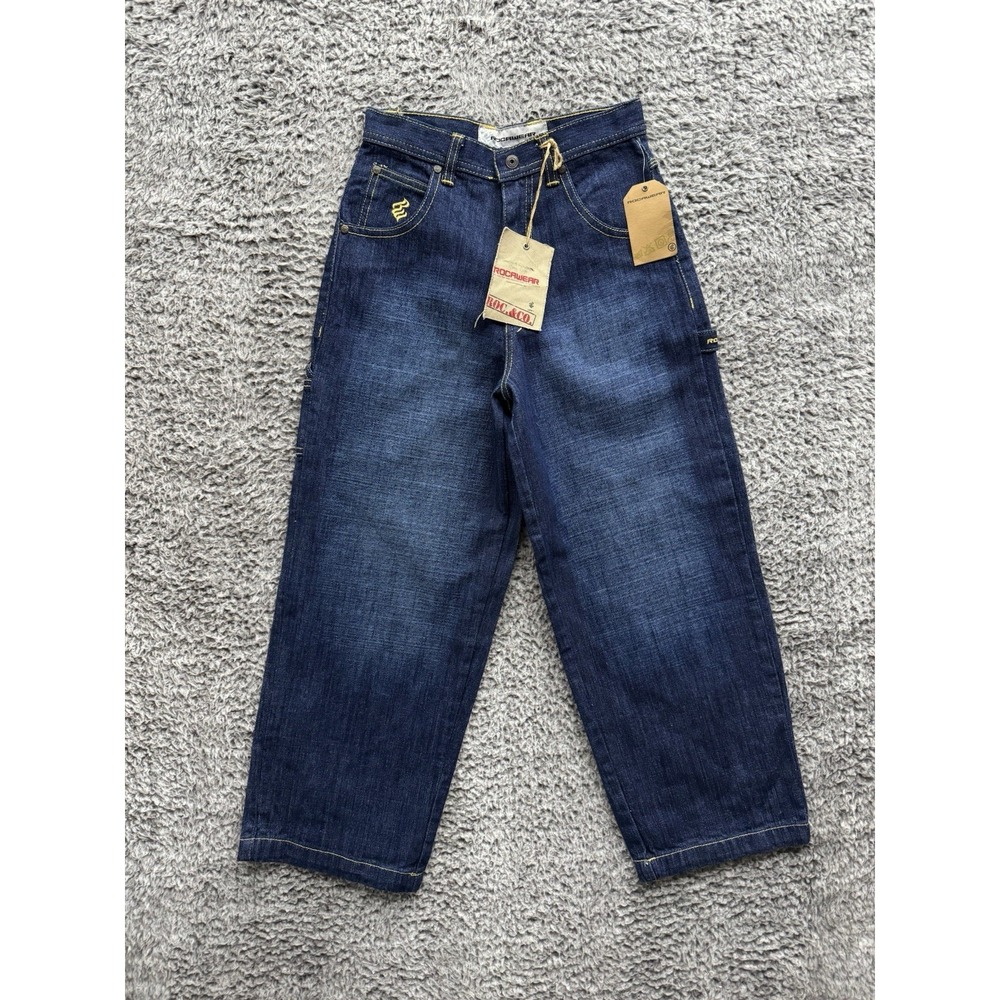VTG Y2K Rocawear Baggy Denim Jeans‎ Youth Teens Size 10 Fits 25x25 Blue Wide Leg